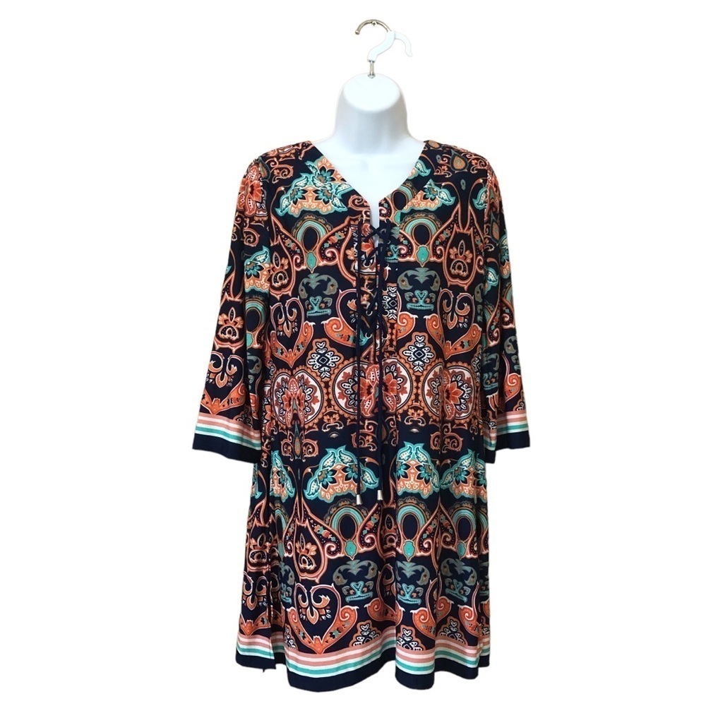 Mandarin Blue Resortwear Dress XS Navy Multi Print Pullover Boho Coastal NWT
